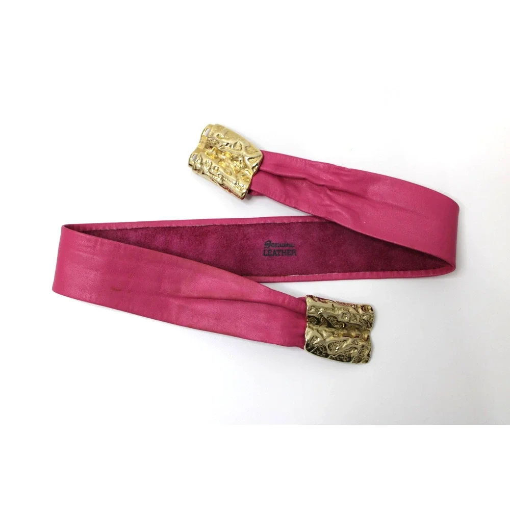 Vintage 80s BELT BUCKLE Pink Leather REVCOR RETRO Gold tone ABSTRACT DESIGN